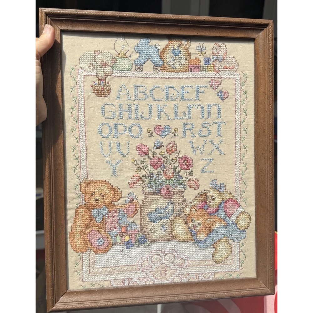 Vtg Embroidery Cross Stitch Sampler Framed ABCs 80's-90's